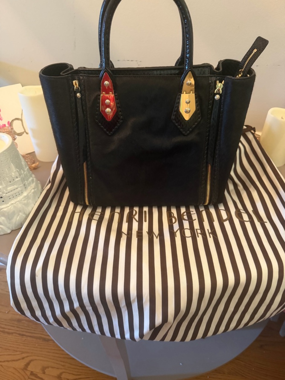 henri bendel Black Crossbody Tote with Gold Accents